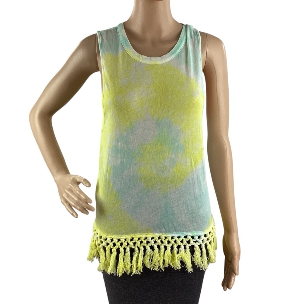 Chaser Tie Dye Fringe Tank Top Yellow Blue Small